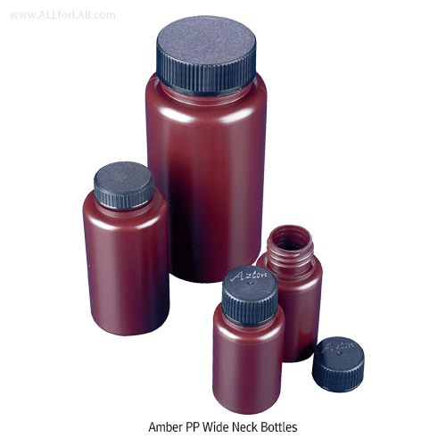 Azlon® PP Amber Large-neck Bottle, Heavy-duty, 60~2,000㎖ With Screwcap, Autoclavable, 125/140℃ Chemical Resistance, PP 갈색 광구병