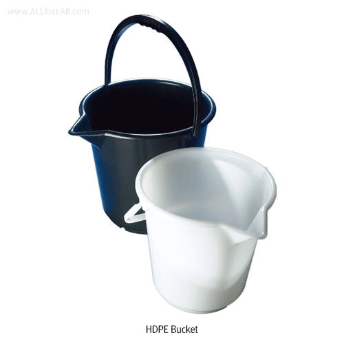 Azlon® HDPE Bucket, Moulded Graduations, White & Black, 10.5 & 17LitWith Handle Grip & Spout Guide, - 50℃~+105/120℃ , HDPE 버켓, 눈금부