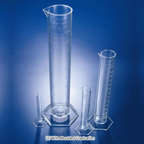 Azlon® PMP(TPX) Graduated Cylinders, B-class, 10~2,000㎖ with Blue- or Moulded Graduation, Clystal-clear, Hexagonal Bases, 150℃, 투명 PMP실린더
