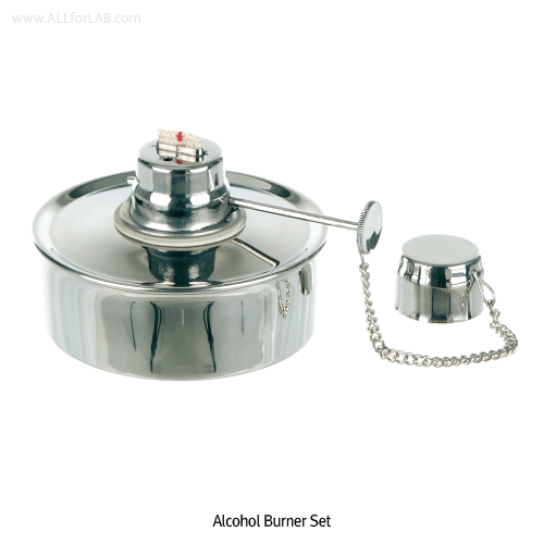 Bochem® Premium Stainless-steel Alcohol Burner Set, Adjustable Wick & Flame, 150㎖ With 1mm Cotton Wick & Looped Lid, Φ85×h65mm, 비자성 스텐 알코올 버너/램프
