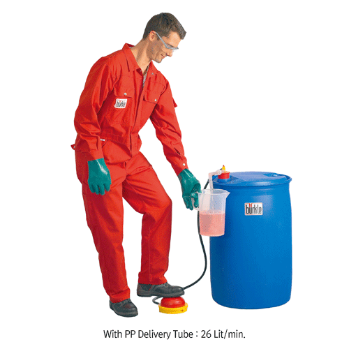 Burkle® PP Foot Pump, with Telescopic Immerse-tube, 12 & 26 Lit/min.With PVC Universal Adapter for Container Opening Φ30~70mm, Immerse Tube-Adjustable, 140℃, , PP 풋 펌프