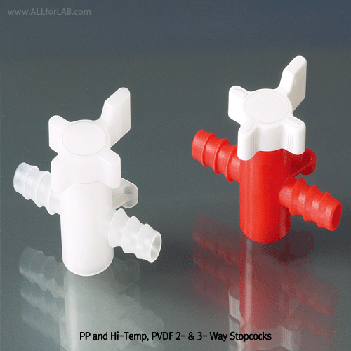 Burkle® PP and High-Temp. PVDF 2- & 3- Way Stopcock, for Gas or Liquid, for dia Φ5~13mmWith Mounting Plate, 1bar, Bore Φ4~8mm, , PP 혹은 내열/내약품성 PVDF 콕