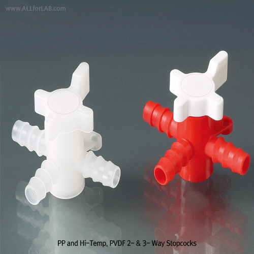 Burkle® PP and High-Temp. PVDF 2- & 3- Way Stopcock, for Gas or Liquid, for dia Φ5~13mmWith Mounting Plate, 1bar, Bore Φ4~8mm, , PP 혹은 내열/내약품성 PVDF 콕