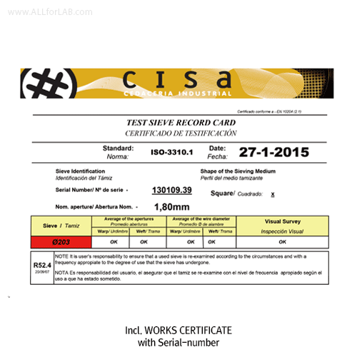 CISA® Φ203×h50mm Premium Certified All Stainless-steel Standard Test Sieve, with WORKS CERTIFICATE & Wire Mesh-holes(■) With Serial-number, Multi-Use/-Function, ASTM/ISO Standard Best Seller!, 정밀 표준망체, 개별“ 보증서” 포함