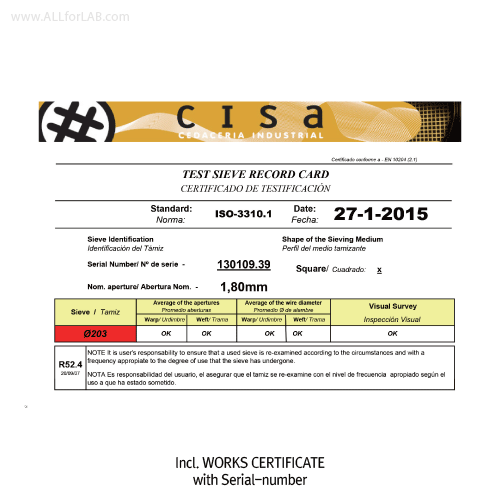 CISA® Φ203×h50mm Premium Certified All Stainless-steel Test Sieve, with WORKS CERTIFICATE & Φ 0.5~10mm(●) Round-holes With Serial-number, Multi-Use/-Function, 정밀 표준망체, 개별“ 보증서” 포함
