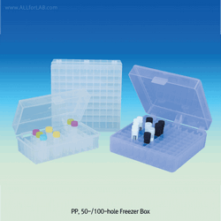 SciLab® 50 & 100-hole Freezer Box, PP, for 1~2㎖ Cryovial/Tube, Autoclavable, 125/140℃ With Hinged Lid·Alpha-Numeric Index·Hole Φ13mm, Stackable, 50 & 100 홀 프리저 박스