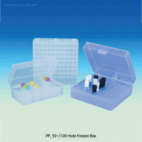 SciLab® 50 & 100-hole Freezer Box, PP, for 1~2㎖ Cryovial/Tube, Autoclavable, 125/140℃ With Hinged Lid·Alpha-Numeric Index·Hole Φ13mm, Stackable, 50 & 100 홀 프리저 박스