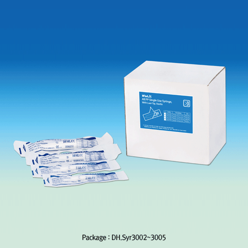 1~50㎖ Singleuse Laboratory Syringe, All PP or PP/HDPE, NO - Pollution type, with 2 Parts, Without Rubber Gasket & Needles, Steriled, Individual Pack, Multiuse, 무공해 플라스틱 시린지