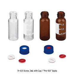 SciLab® 9-425 Screwtop 2㎖/Φ12×32 Autosampler Vial “Pack-Set”, Large Opening, with Blue PP Cap & Pre-Slit Septa Clear & Amber, for Chromatography, Boro-glass 5.1, 2㎖ 스크류탑 오토샘플러 바이알세트, 12×32