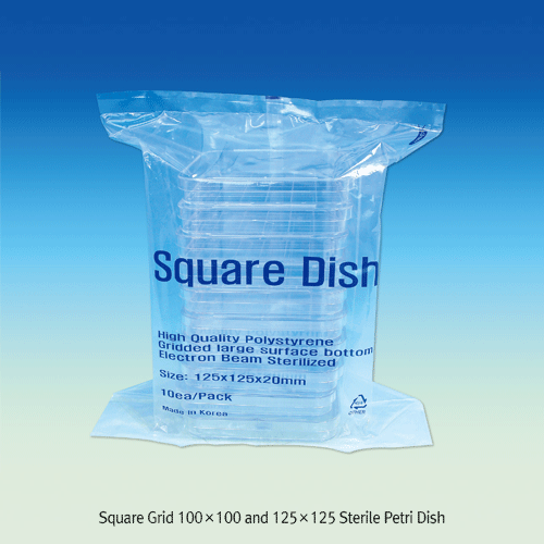Square Grid 100×100 and 125×125 Sterile Petri Dish, PS Made of Crystal Clear Polystyrene(PS), Disposable, 눈금 4각 멸균 페트리디쉬