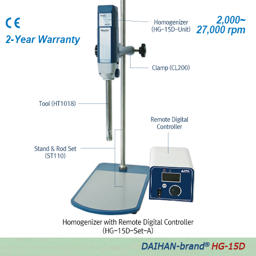 DAIHAN® Homogenizer with Remote Digital Controller “HG-15D”, 2,000~27,000rpm With microprocessor Control, High-Efficiency Dispersing Tools, Back Light LCD, 1~2,500㎖ 디지털 균질기/호모지나이저, 분리형 리모트 컨트롤러, 초고속/저소음 모터