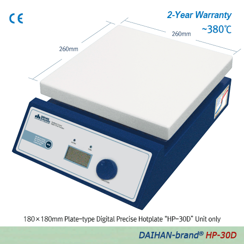 DAIHAN® 380℃ Standard Analog & Digital Hotplate “HP-A” & “HP-D” , Ceramic-Coated PlateWith High Temp Uniformity, 180×180- or 260×260-mm Plate, CE Certified, with Certi. & Traceability아날로그 & 디지털 정밀 가열판, 우수한 온도균일성 & 경제성, 세라믹 코팅 플레이트
