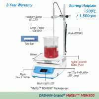 DAIHAN® Premium 500℃ High-Temp Hotplate Stirrer “MSH500”, Solid Ceramic Glass Plate, 200×200mm With Permanently Brushless Shade Motor(BLAC), Large LCD, Optimum Insulation Layer. Accurate Temp Control, Hot-Top Indicator, 80~1,500rpm 고온용 디지털 가열 자력 교반기, 최적의 