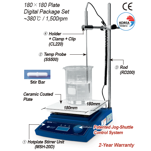 DAIHAN 380℃ Standard Analog & Digital Hotplate Stirrer “MSH-A” & “MSH-D”, Ceramic-coated Plate, 80~1,500 rpm 180×180mm or 260×260mm Plate, with Accurate Temp. Control, Superior Temp Uniformity, with Certi. & Traceability Permanently Brushless Motor(BLDC),