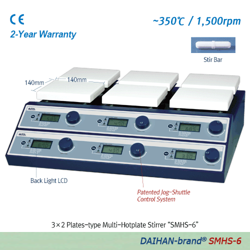 DAIHAN 350℃ systematic Multi-Hotplate Stirrer “SMHS”, 3- or 6-Places, Ceramic-Coated Plate, 80~1,500 rpm With Digital Feedback Control, Independent Heating & Stirring Control, Permanently Brushless Motor(BLDC) 멀티 가열 자력 교반기, 우수한 온도균일성, 3- or 6- 구 개별 조