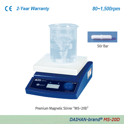 DAIHAN-brand® Digital Magnetic Stirrer, “MS-20D”, 180×180mm Ceramic-Coated Plate, with Certi. & Traceability with Digital Feedback Control System, Precise Speed Control, Back Light LCD Display, 80~1,500 rpm, Max. 20 Lit 디지털 자력교반기, 디지털 피드백 컨트롤 시스템, 세라