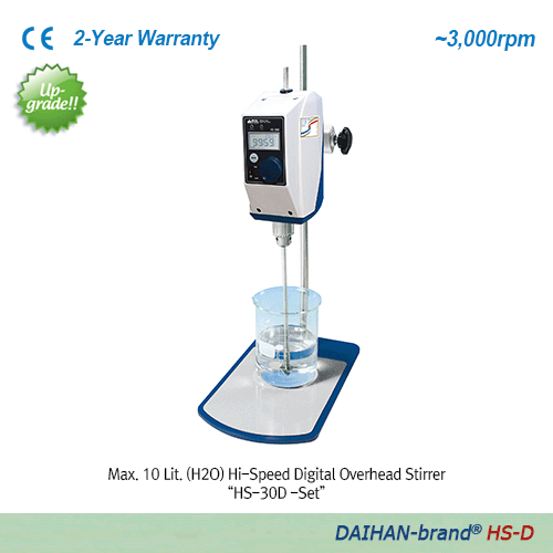 DAIHAN® High-Speed Digital Overhead Stirrers “HS-D” & “HS-T”, for Low-/Middle-Viscosity, Max.10·20Lit With “Push-Through” Shaft and Chuck grip Φ3~10mm, Flex-Coupling Φ6~12mm, Max. 3,000rpm, up to 5,000·10,000mpas 디지털 고속 교반기, 저/중점도용, 사용교반봉 ; ①기본은Φ3~10