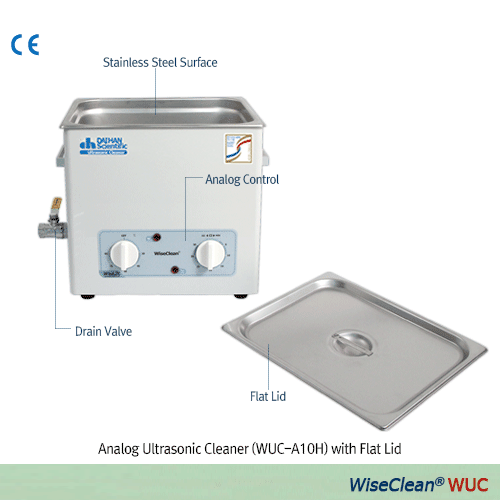 DAIHAN® Analog Ultrasonic Cleaner “WUC-A” , Timer/Temp. Output Controller, with Certi. & Traceability, 1.2~22 LitWith Stainless-steel Flat Lid, Highly Effective Cleaning, up to 85℃, 0~30min, 40kHz Frequency, without Basket초음파 세척기, 온도 및 시간 설정, 고효율, 다용