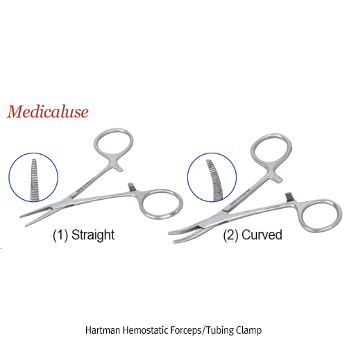 Hartman Hemostatic Forceps/Tubing Clamp, with Serrated Clamp Head, L105mm, Medicaluse Straight- & Curved-type, Stainless-steel 410, 하트만 지혈겸자 포셉 및 튜빙 클램프 겸용, 의료용 & 랩겸용, 비부식