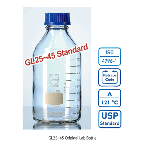 DURAN® Premium GL25~45 Original & GLS80 Wide-neck Laboratory Bottle, Graduated, 10~50,000㎖ Borosilicate Clear Glass 3.3, with Screwcap & Pouring Ring, Autoclavable, Ideal for Culture & Multi-use, 오리지널 & 광구 랩바틀