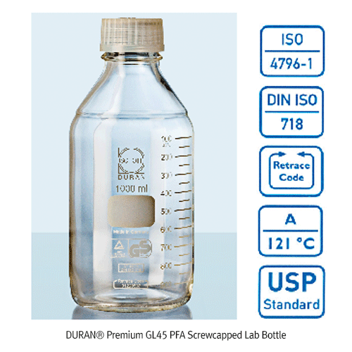 DURAN® Premium GL45 PFA Screwcapped Lab Bottle, with PFA Pouring Ring, -196℃+260℃, 100~1,000㎖ Ideal for Pharmaceutical Field, Aggressive Media Handling, and Depyrogenation, Boro-glass 3.3, 내열 테프론캡 프리미엄 바틀