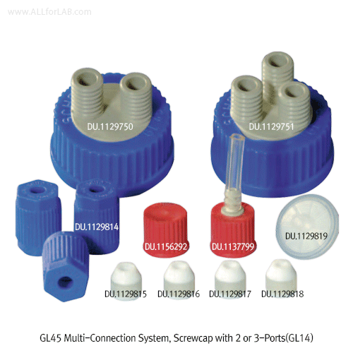 DURAN® 2or 3-Ports GL45 Screwcap Connection System, with GL14 Screw Ports For Connection with od.Φ1.6~6.0mm Tube, Autoclavable, GL45 멀티 커넥터캡 시스템