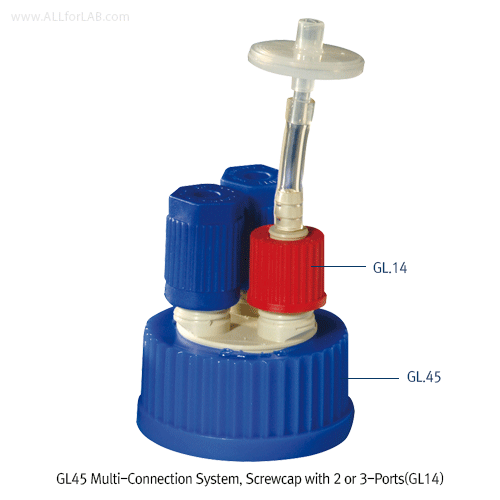 DURAN® 2or 3-Ports GL45 Screwcap Connection System, with GL14 Screw Ports For Connection with od.Φ1.6~6.0mm Tube, Autoclavable, GL45 멀티 커넥터캡 시스템