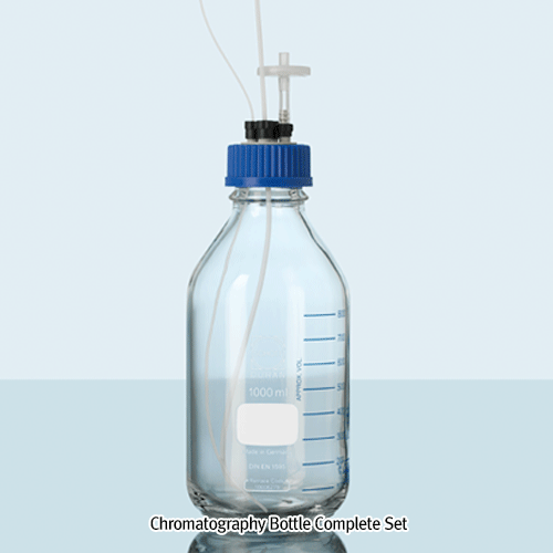 DURAN® GL45 HPLC Bottle, Complete-set with 4× Port PP Screwcap & Seals, 500 & 1,000㎖ For od.Φ1.6 & Φ3.2mm Tubes, with Blue Graduation, Boro-glass 3.3, HPLC 바틀 세트