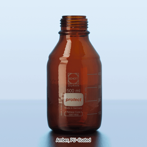 DURAN® Safety Plastic PU-Coated Lab Bottle, With/Without GL Cap & Pour-Ring, Clear & Amber, 25~20,000㎖Boro-glass 3.3, with Graduation & DIN GL-Screwthread, Autoclavable, -30℃~+135℃, 안전플라스틱 코팅 랩바틀