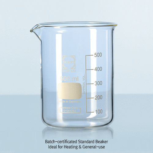 DURAN® Premium Batch-certificated Standard Beaker, Standard Low Form, Full range 5~10,000㎖ Ideal for Heating & General use, Borosilicate-glass 3.3, 프리미엄 표준형 유리 비커