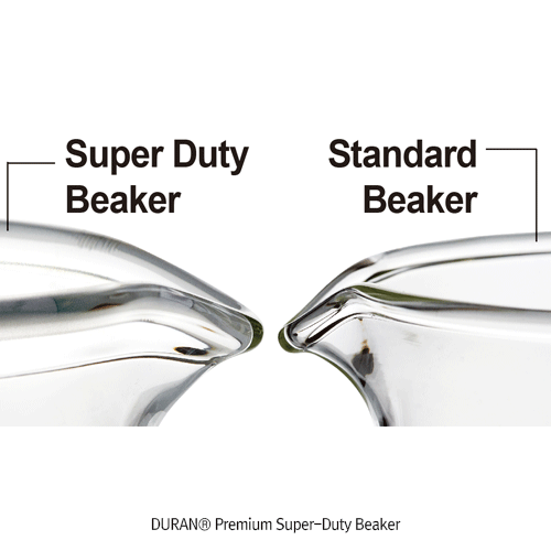 DURAN® Premium Super-Duty Beaker, with Highly Reinforced Rim & Bottom, Low Form, Boro Glass 3.3, 150~5,000㎖ Higher Strength in Impact/Mechanics/Stability, Max Thick-8/9.5mm Rim and -4/5mm Bottom, 프리미엄 슈퍼듀티 비커, 보다 우수한 작업 안정성