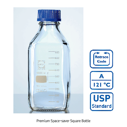DURAN® Premium Space-saver Square Bottle, Ideal for Culture & Storage, 100~1,000㎖ With Screwcap & Pouring Ring, GL32 & 45 4각 랩바틀