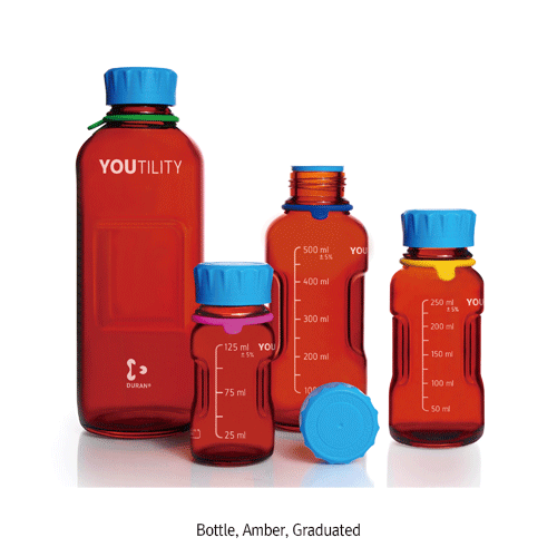 DURAN® YOUTILITY Lab-Bottle System, Graduated, 125~1,000㎖ With GL45 Screwcap & Pouring Ring & Silicone Tag, 유틸리티 랩바틀