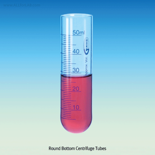 Blue Graduated Centrifuge Tube, with Conical- or Round-Bottom, 5~100㎖With Precise Scale, Boro-glass 3.3, 글라스 원심관