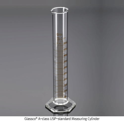 Glassco® A-class USP-standard Measuring Cylinder, Hexagonal-base, 5~2,000㎖With Individual Work- or Batch Certificate, with Amber Scale, Boro 3.3, , USP표준 A급 메스실린더