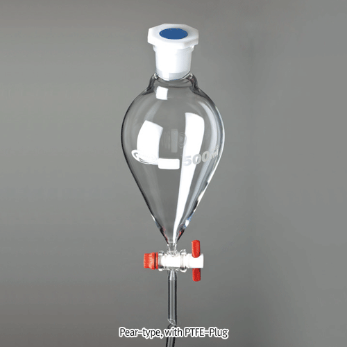 “Pear”&“Squibb” Separatory Funnel, with PE Stopper, 50~2,000㎖With PTFE- or Glass- Plug, Borosilicate Glass 3.3, 분액깔때기“- 피어형”과“ 스퀴브형”