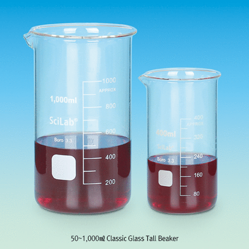 SciLab® Classic Tall Beaker, with Graduation, With or Without Spout, 50~1,000mℓ Made of Boro-glass 3.3, Useful for Heating & General-purpose, 유리 톨 비커