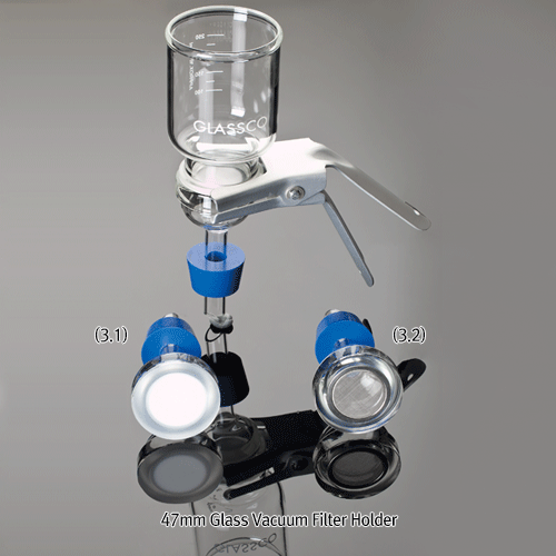 47mm Glass Vacuum Filter Holder / without Flask, with 300㎖ or 500㎖ Glass Funnel with Fritted Glass- or Stainless-steel Screen Support 진공여과장치/홀다, 여과병은 별도