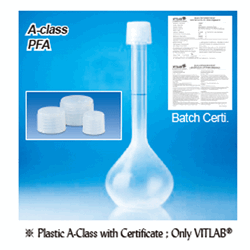 VITLAB® PFA A-class Batch Certificated Volumetric Flask, Anti-Chemical, Hi-Transparent, Quality Traceable, 10~500㎖ DIN/ISO, -200℃+260℃ Stable, A-급 PFA 투명 메스 플라스크, 배치보증서부