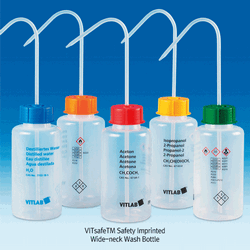 VITLAB® VITsafeTM PE & PP Safety Imprinted Wide-neck Wash Bottle, with VENT-CAP, 250~1,000㎖ Ideal for Chemical Substances, Hazard Symbol, PE & PP 안전세척병, 내압 방지 안전 벤트캡 구조