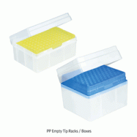 VITLAB® PP Empty Tip Rack/Box, 96-Wells & Hinged Lid, Color-coded Mounting Plate, for 20~1000㎕ Tips Ideal for BRAND & VITLAB Tips, Two Functions Lid of Hinge and Snap-on, Autoclavable at 121℃, 피펫터 팁용 공박스
