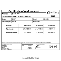 “witeg” Labmax eco Dispenser Set, with Mechanical Air-purging & Zero Loss of Regent, 0.25~250㎖ With Glass-cylinder·FEP-Ejection Channel·PTFE piston·Safety-Lock·Rocker Switch-control·GL-Screw Adapter Set Incl. Individual Certificate, Wide-range up to 250㎖,