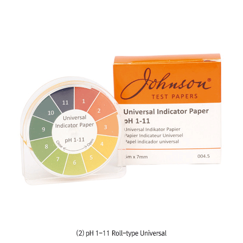 Johnson pH 1~11 Universal Test Paper, Book & Roll-type, with Standard Color-Chart 11-Step Color Reaction, pH 1~11 만능시험지, 용액의 pH 를 11-Steps의 색상변화로 측정함