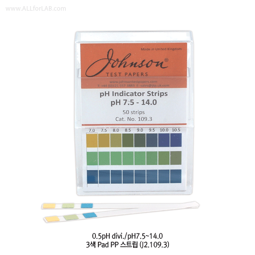Johnson® Professional 3 & 4 Color-Pad Polypropylene pH Comparator, “Non-Bleed” System Accurate-type of (1) pH 4.0~10.0 & (2) pH 7.5~14.0, and (3) pH 0~14 Full range, 0.5- or 1-pH divi. 3 & 4색 대열 패드식 pH시험용 PP-스트립, 용액에 번짐 / 훼손이 없는 고품질, 1 Strip 에 pH 반응 “3/4색