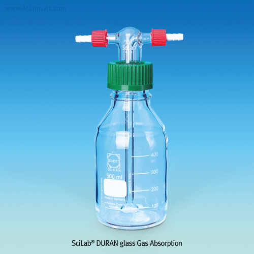 SciLab® DURAN glass Gas Absorption/Washing Bottle, Graduation, 250~1,000㎖With GL45 PP Screw Opencap with PTFE/Silicone O-ring, Autoclavable, 눈금부 안전 가스 흡수·세척 병