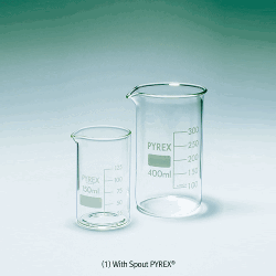 Premium Batch Certificated Glass Tall Beakers, with or without Spout, 50~2000㎖With White Graduations and Marking Spot, Boro-glassα3.3, 프리미엄 유리 톨 비커