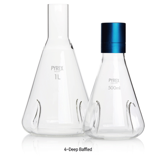 PYREX® Premium 4-Deep Baffled Shaking Culture Flask, with Φ38mm Standard Necks, 250~2,000㎖ Ideal for Aerobic Microbiology & Cell Culture, without Cap, Boro-glass 3.3, 딥 배플 쉐이킹 컬쳐 플라스크, 캡 별도