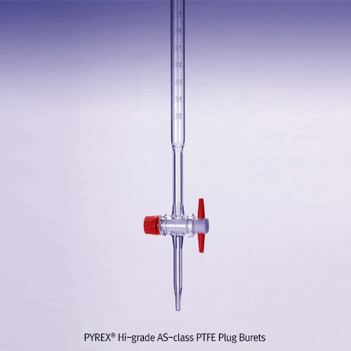 PYREX® Hi-grade AS-class PTFE Plug Burets, with or without WORKS CERTIFICATED, 10~50㎖Made of Boro-glassα3.3, with White Enamel Graduation, AS급 PTFE Plug 뷰렛