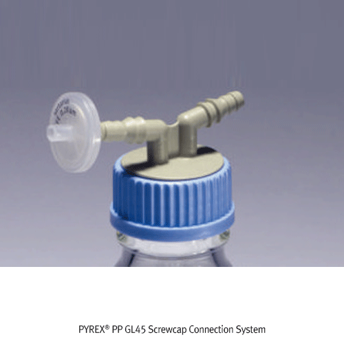 PYREX® PP GL45 Screwcap Connection System, with Twin Hose ConnectorIdeal for id.Φ6~9mm Tubing, 140℃, GL45 Bottles용 2×Connection 스크류캡