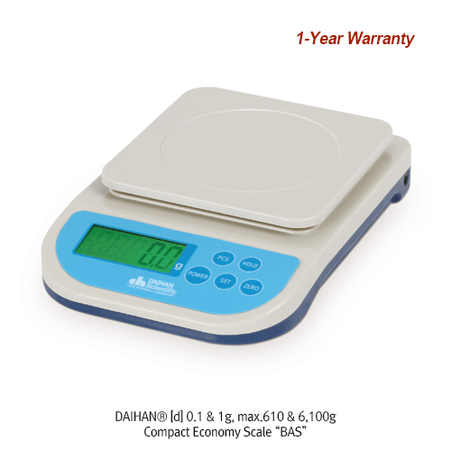 DAIHAN® [d] 0.1 & 1g, max.610 & 6,100g Compact Economy Scale “BAS”, 17.5×24×h6cm Good for Saving Money, with Pcs. Counting, Back Light LCD, Battery, without Adapter, 경제형 컴팩트 스케일/저울, 계수 기능